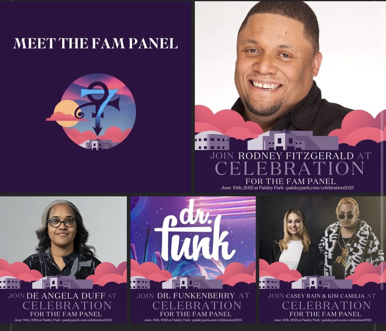 Meet the Fam Panel flyers · Celebration 2023 at Paisley Park